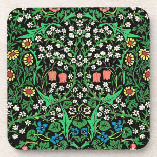 William Morris Jacobeanフローラ、黒背景 コースター