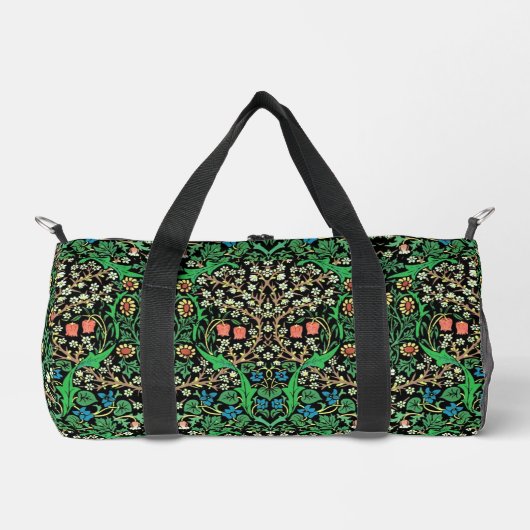 William Morris Jacobeanフローラ、黒背景 ダッフルバッグ (正面)