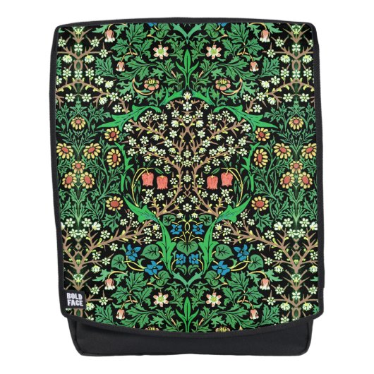 William Morris Jacobeanフローラ、黒背景 バックパック (正面)