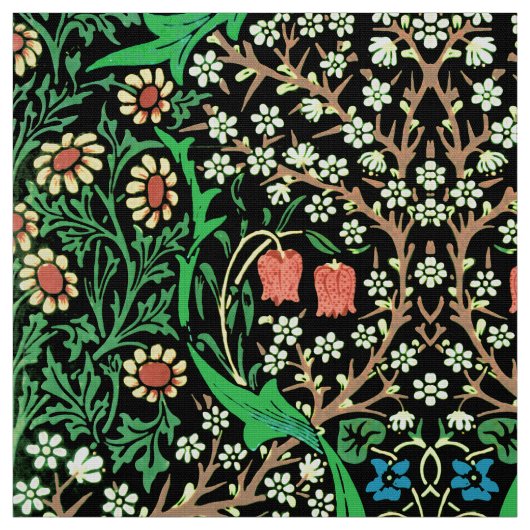 William Morris Jacobeanフローラ、黒背景 ファブリック (見本)