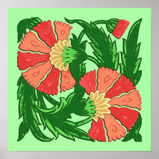 William Morris Jacobean、Coral Orange、Green ポスター (正面)