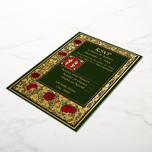 William Morris KelmscottプレスフローラバラRSVP 箔招待状 (回転した状態)