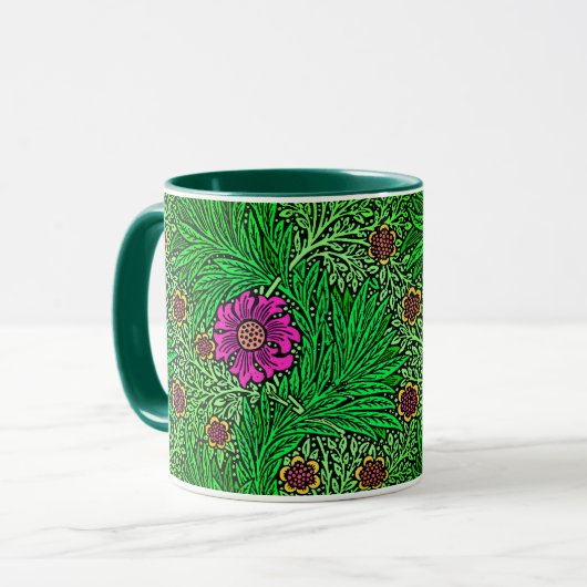 William Morris Marigold、エメラルドグリーン&明るい赤紫色 マグカップ (正面左)