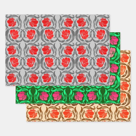 William Morris Pimpernel、グレー&レッド、ピンク、オレンジ ラッピングペーパーシート (セット)