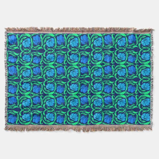 William Morris Pimpernel、Cobalt Blue、Green スローブランケット (正面)