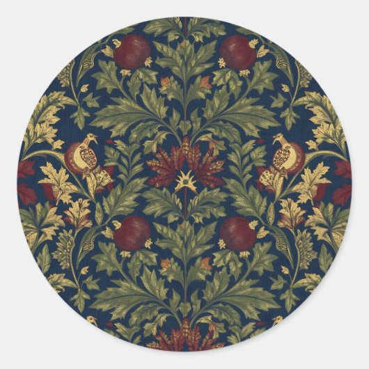 William Morris Pomegranate Floral Navy Pattern ラウンドシール (正面)