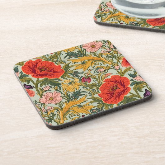 William Morris Poppies Floral Art Nouveau Pattern  コースター (左側)