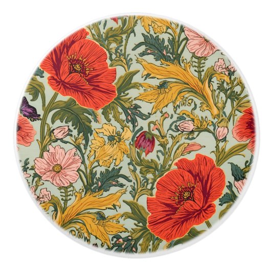 William Morris Poppies Floral Art Nouveau Pattern  セラミックノブ (正面)