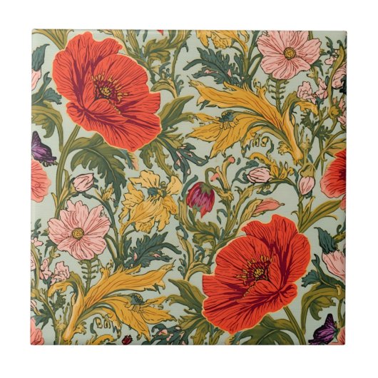 William Morris Poppies Floral Art Nouveau Pattern  タイル (正面)