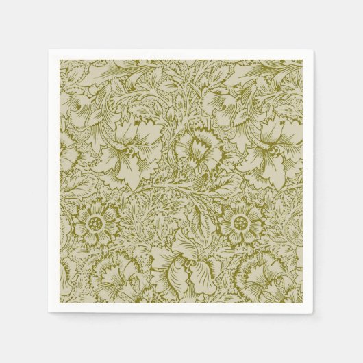 William Morris Poppy Classic Floral Green スタンダードカクテルナプキン (正面)