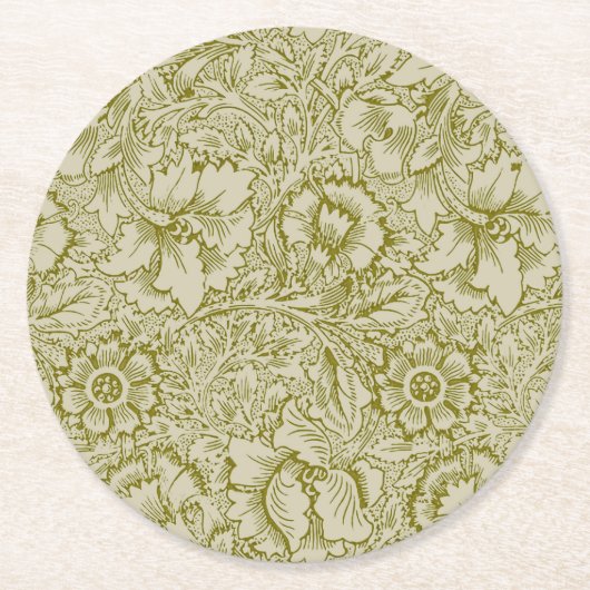 William Morris Poppy Classic Floral Green ラウンドペーパーコースター (正面)