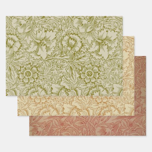 William Morris Poppy Classic Floral Green ラッピングペーパーシート (セット)