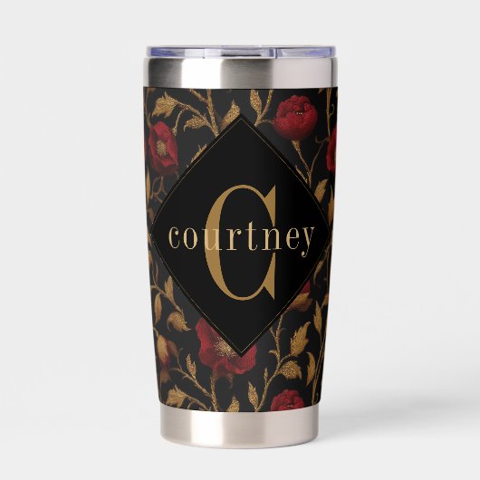 William Morris Red Gold Poppy Monogram 保温保冷タンブラー (正面)