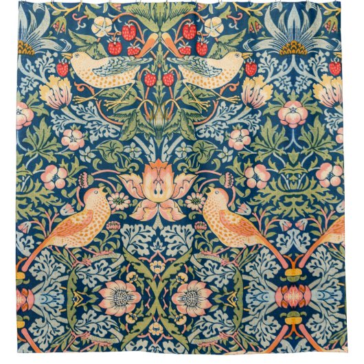 William Morris Strawberry Thief Floral Pattern シャワーカーテン (正面)