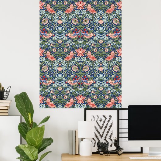 William Morris Strawberry Thief Navy Coral ポスター (ホームオフィス)