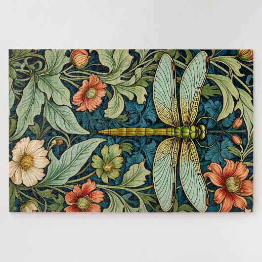 William Morris Style Flower Pattern Dragonfly Puzz ジグソーパズル (横)