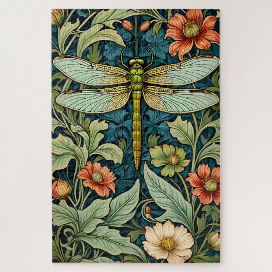 William Morris Style Flower Pattern Dragonfly Puzz ジグソーパズル (縦)