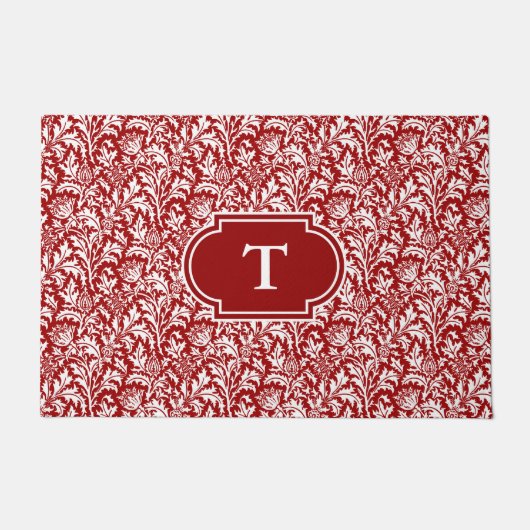 William Morris Thistle Damask、ダークレッド&ホワイト ドアマット (正面)
