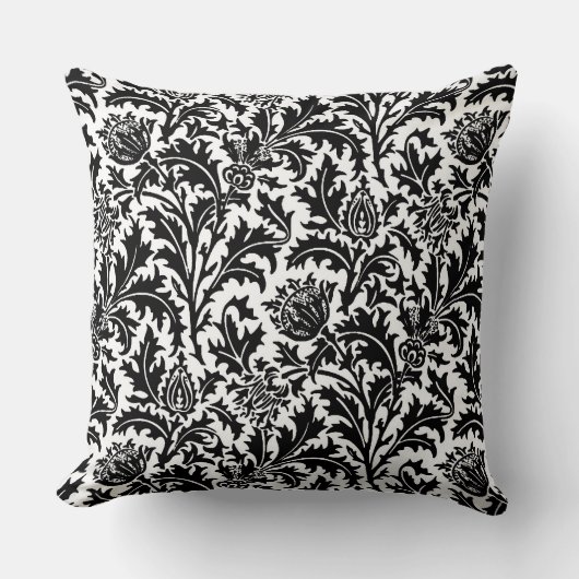 William Morris Thistle Damask、ブラック・オン・ホワイト クッション (正面)