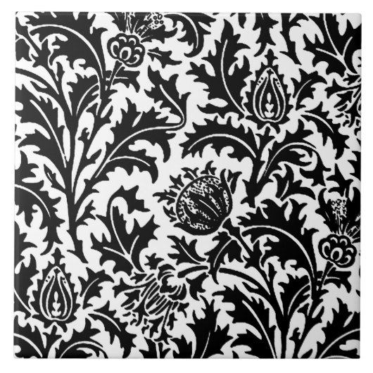 William Morris Thistle Damask、ブラック・オン・ホワイト タイル (正面)