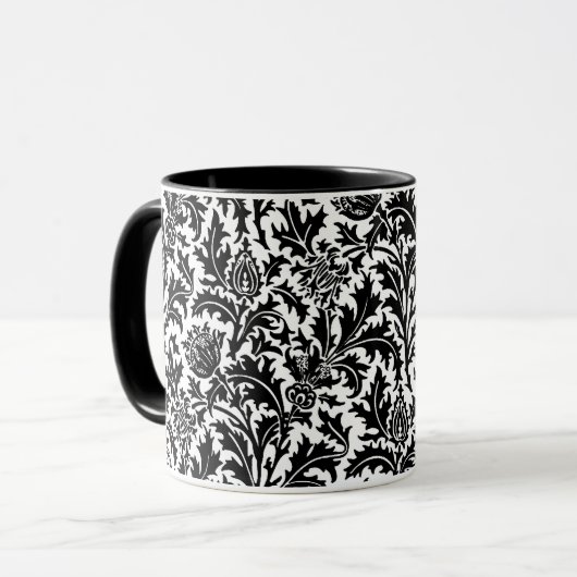 William Morris Thistle Damask、ブラック・オン・ホワイト マグカップ (正面左)