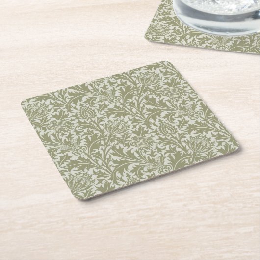 William Morris Thistle Sage Green Pattern スクエアペーパーコースター (アングル)