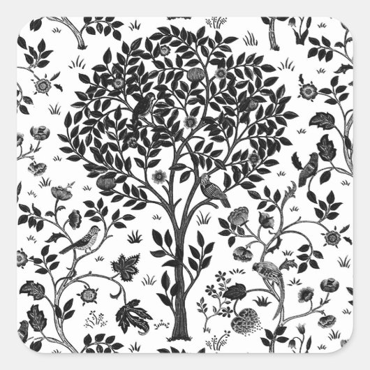William Morris Tree of Life Pattern, Black & White スクエアシール (正面)