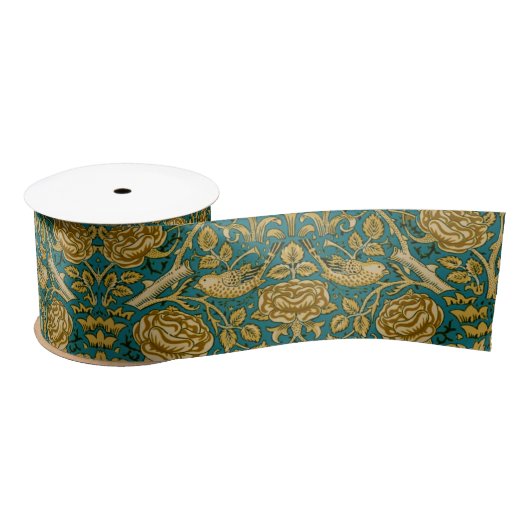 William Morris Tudor Rose Pattern Blue Golden サテンリボン (リール)