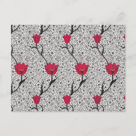 William Morris Tulip Damask、グレーと赤のはがき ポストカード (正面)
