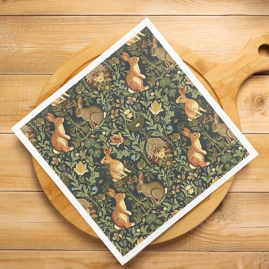 William Morris Woodland Floral Rabbits Christmas 縁ありランチョンナプキン