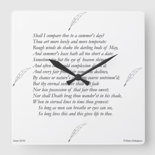 William ShakespeareによるSonnet#18 スクエア壁時計 (正面)