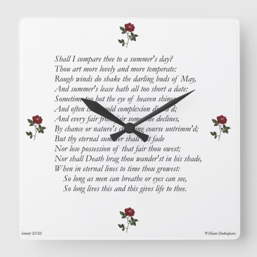 William ShakespeareによるSonnet#18 スクエア壁時計 (正面)
