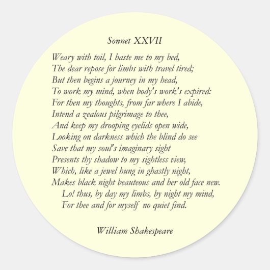 William ShakespeareによるSonnet # 27 ラウンドシール (正面)