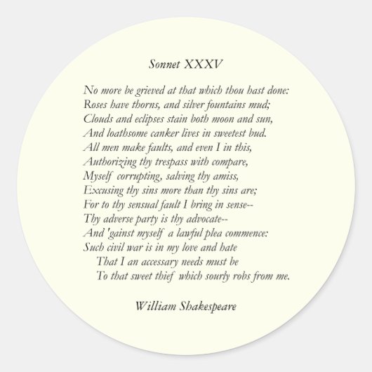 William ShakespeareによるSonnet # 35 ラウンドシール (正面)