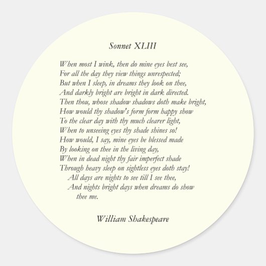 William ShakespeareによるSonnet # 43 ラウンドシール (正面)