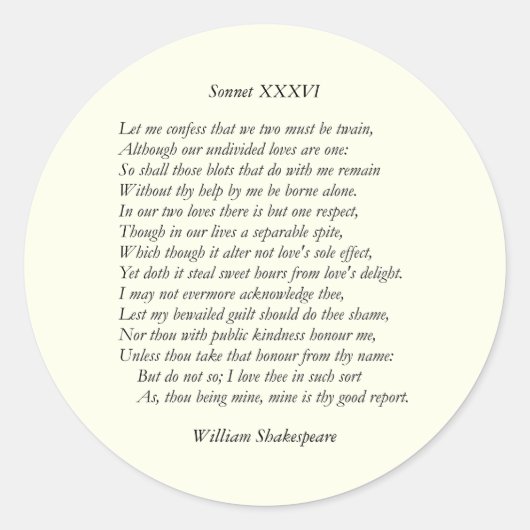 William ShakespeareによるSonnet Number 36 ラウンドシール (正面)