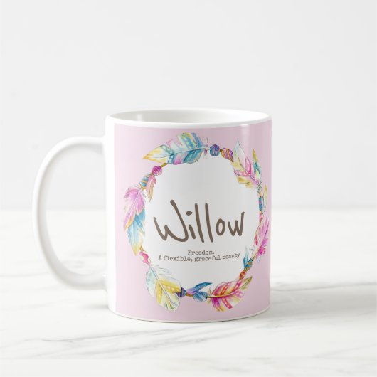 Willow name meaning feather bead watercolor pink コーヒーマグカップ (左)
