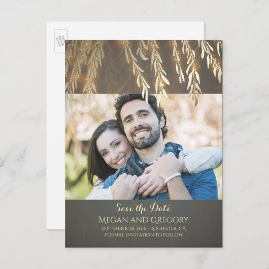 Willow Tree金ゴールドヴィンテージ写真Save the Date 案内ポストカード (正面/裏面)