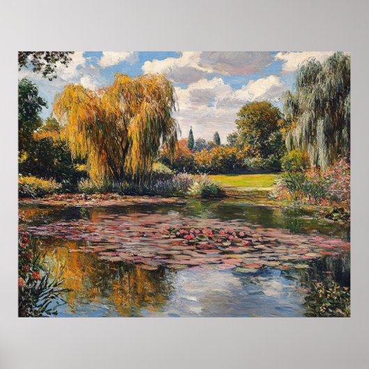 Willow Tree and Lily Pads Landscape Painting ポスター (正面)