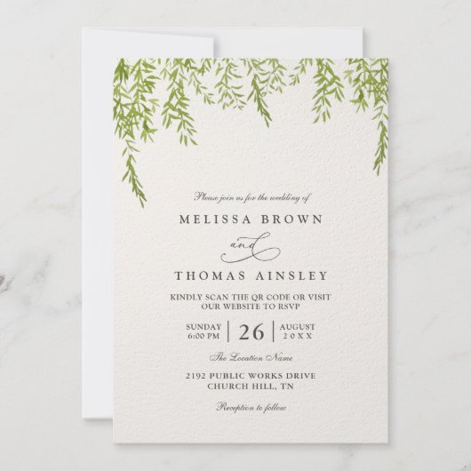 Willow Tree Rustic Greenery Modern QR Code Wedding 招待状 (正面)