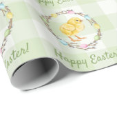 Willow Wreath And Chick Happy Easter Green Gingham ラッピングペーパー (ロールコーナー)
