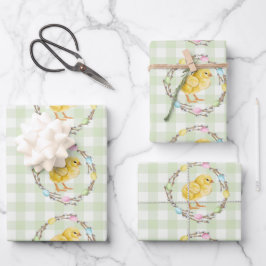 Willow Wreath With Eggs And Chick Green Gingham ラッピングペーパーシート