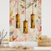 Wind chimes suspended from a flowering branch.  ポスター (キッチン)