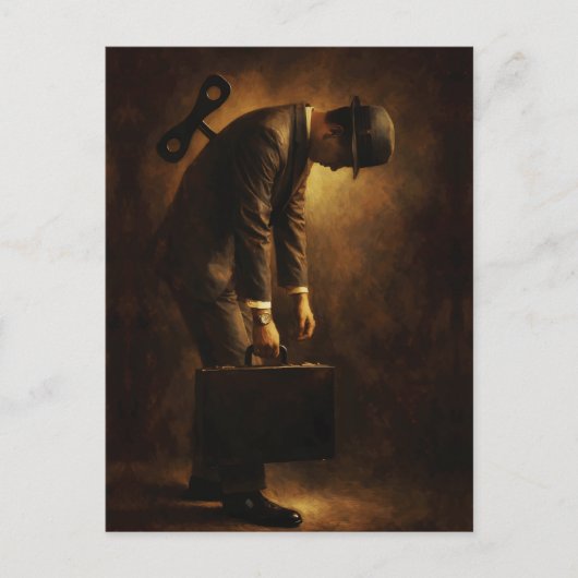 Wind-Up Office Man Surreal Routine Grind Oil Paint ポストカード (正面)