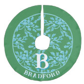 Winding Peony Woodcut in Green + Aqua Personalized フェイクリネンツリースカート (正面)