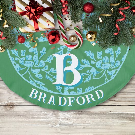 Winding Peony Woodcut in Green + Aqua Personalized フェイクリネンツリースカート