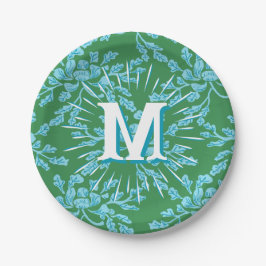 Winding Peony Woodcut in Green + Aqua Personalized ペーパープレート