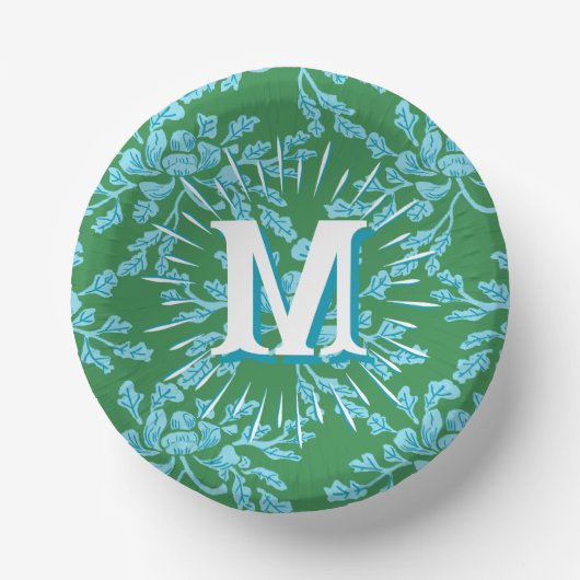 Winding Peony Woodcut in Green + Aqua Personalized ペーパーボウル (正面)