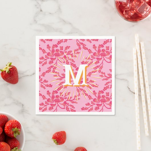 Winding Peony Woodcut Pink + Orange Personalized スタンダードカクテルナプキン (インサイチュ)