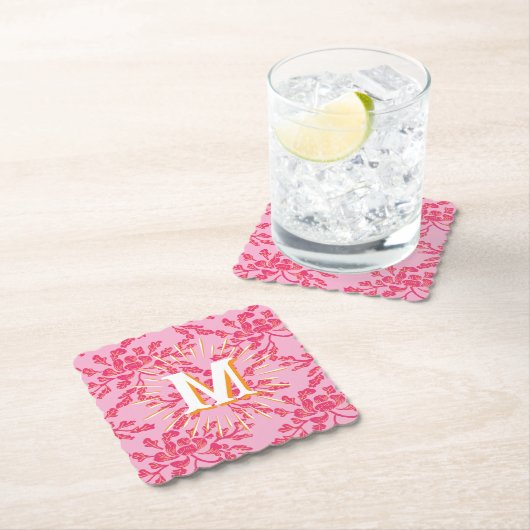 Winding Peony Woodcut Pink + Orange Personalized ペーパーコースター (インサイチュ)